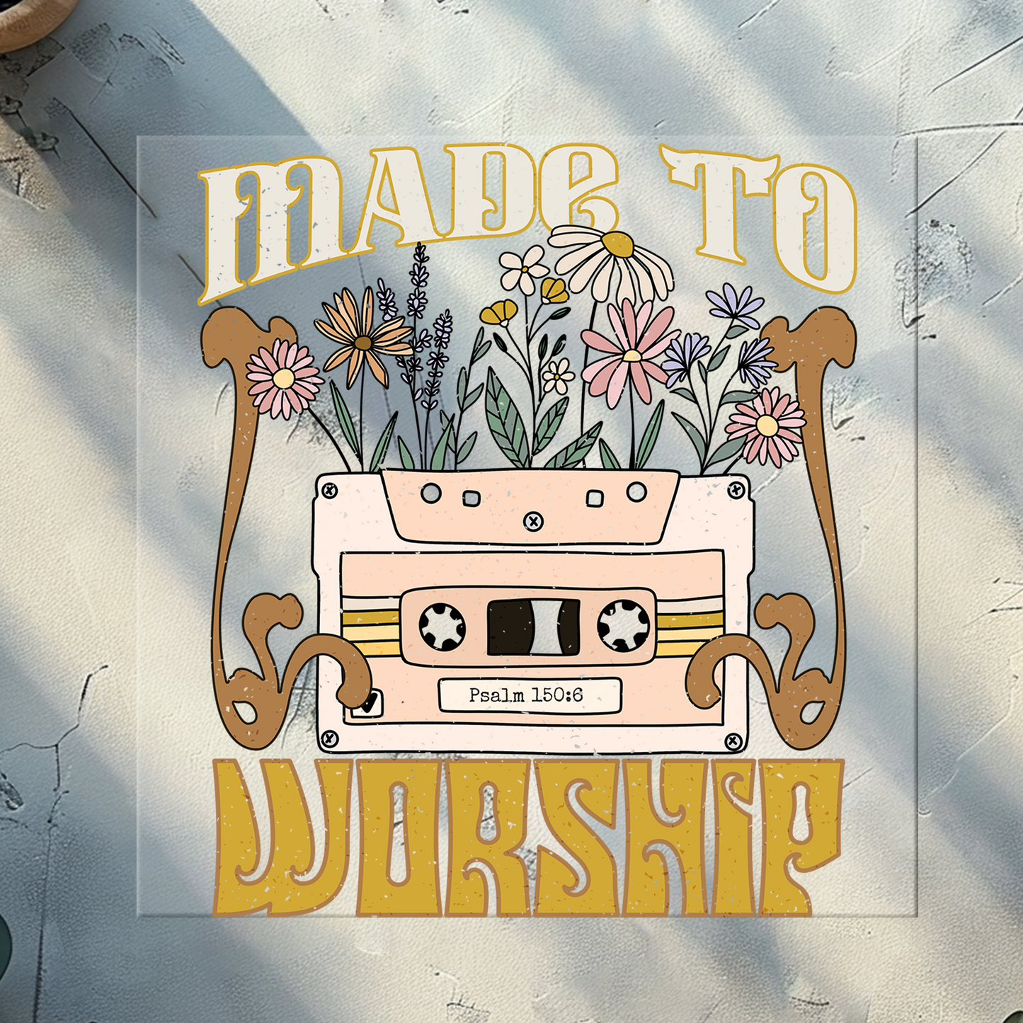 Made To Worship Cassette Tape Floral DTF Transfer 11 Inches Wide